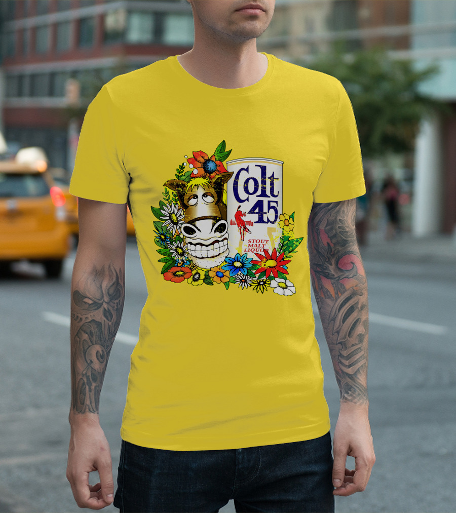 Colt 45 Malt Liquor with Cartoon Horse and Colorful Floral Background T-Shirt