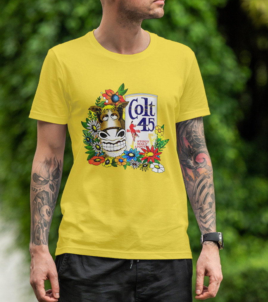 Colt 45 Malt Liquor With Cartoon Horse And Colorful Floral Background T-Shirt
