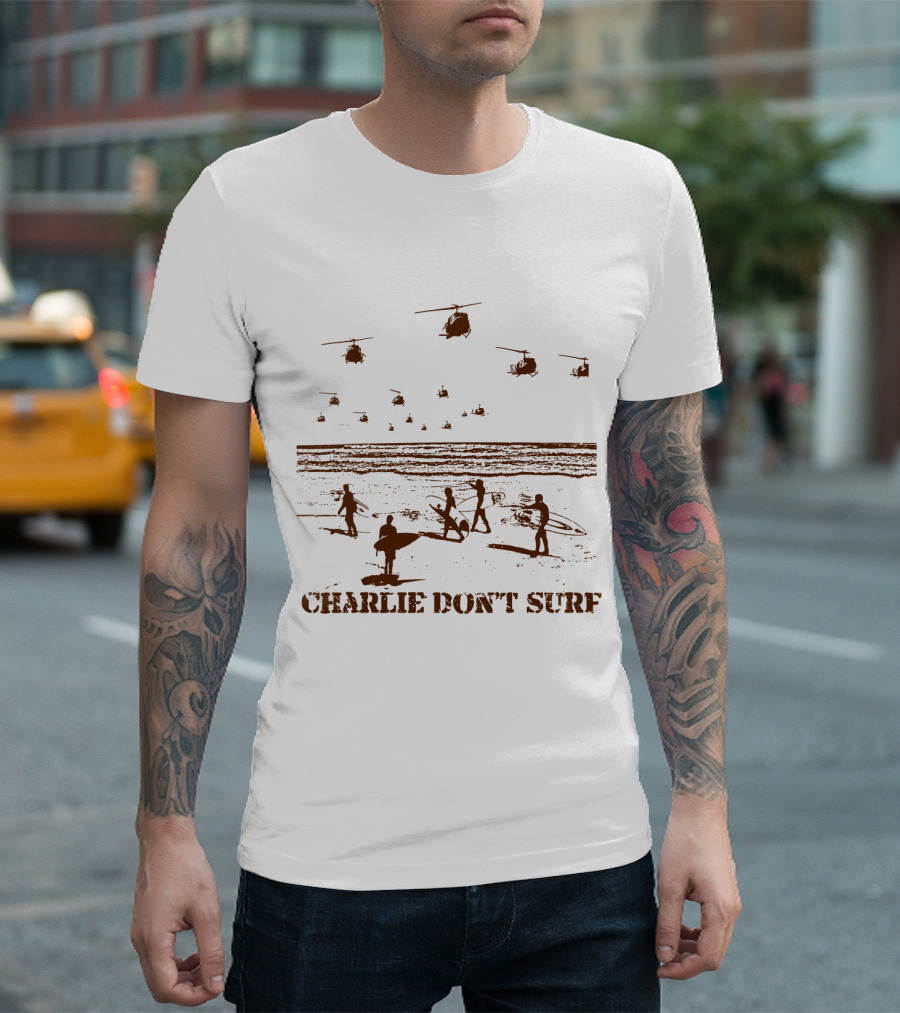 03 Apocalypse Now Charlie Don't Surf Helicopters and Surfers Gold T-Shirt