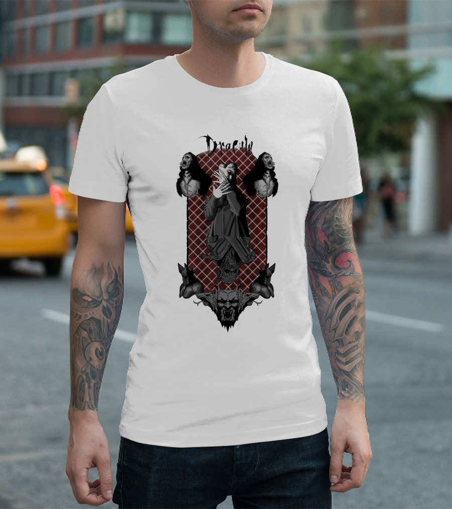 Dracula Gothic Vampires with Gothic Skull and Bats T-Shirt