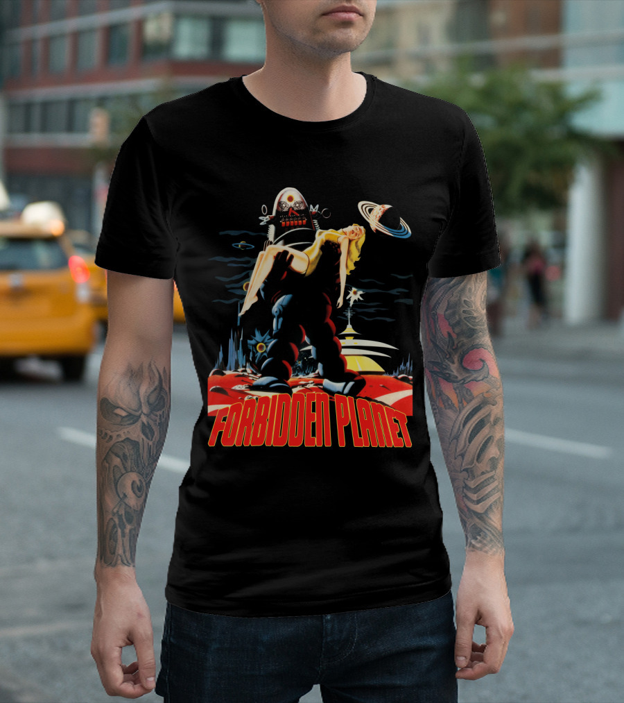 Forbidden Planet Retro Sci-Fi Art With Robot And Woman T-Shirt