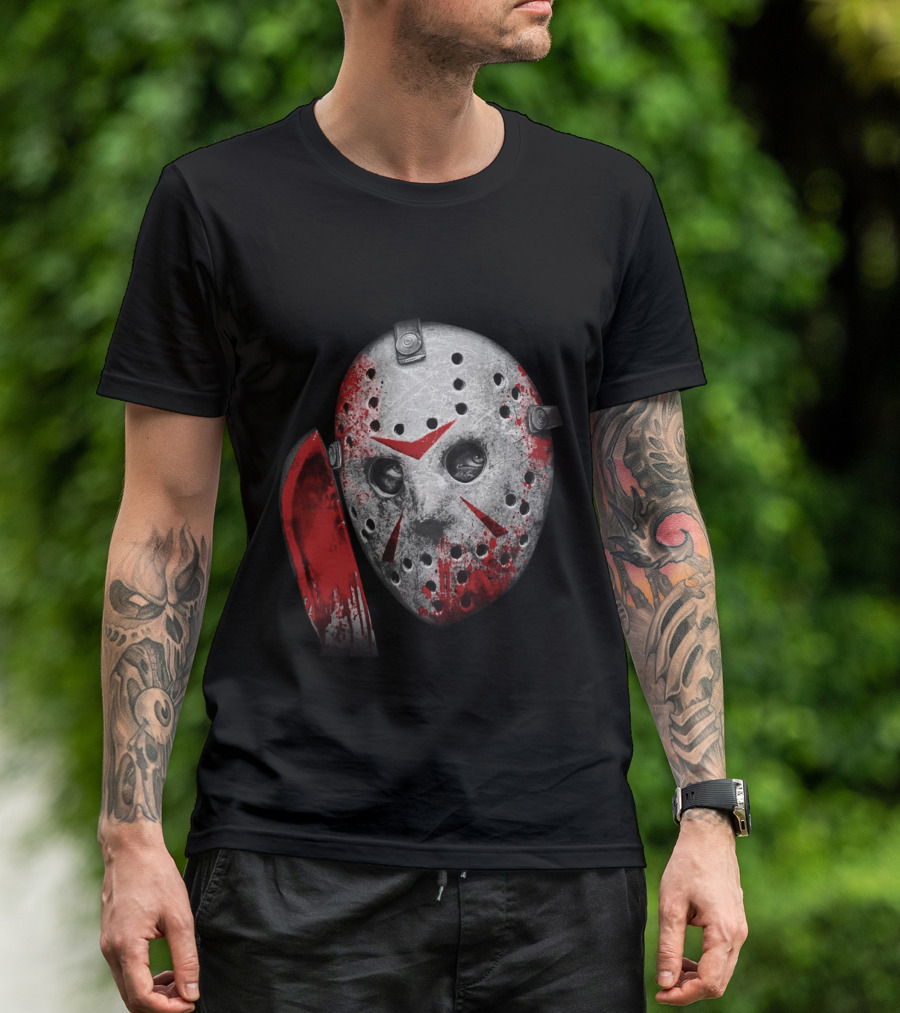 Friday The 13th Movie Jason Voorhees Mask With Bloody Machete Face T-Shirt