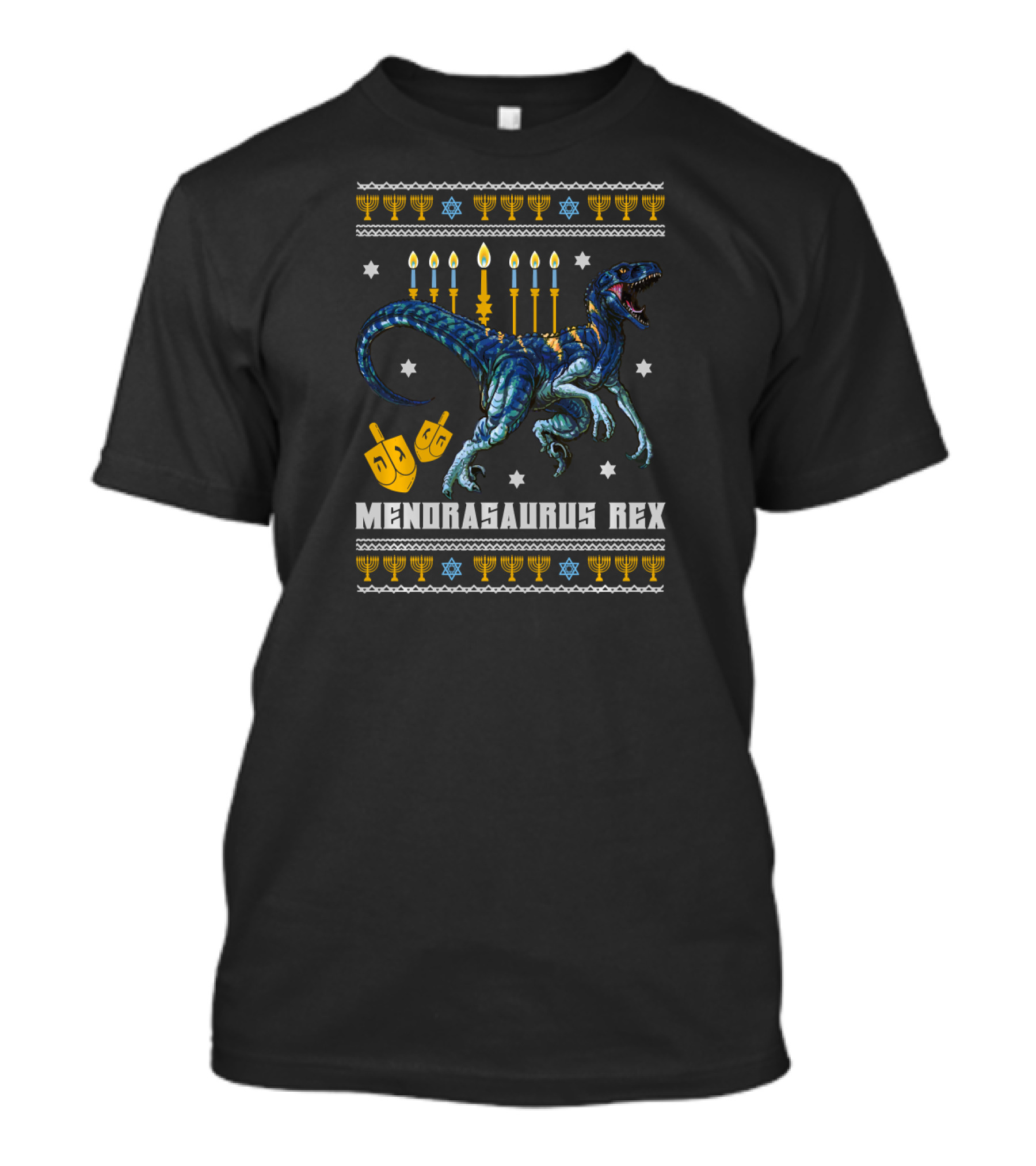 Menorasaurus Rex Dinosaur Menorah Candles Dreidel Stars Hanukkah T-Shirt