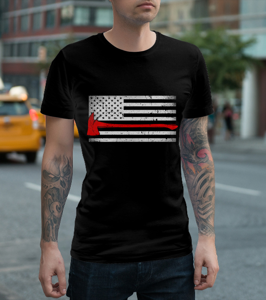 American Flag Red Firefighter Axe T-Shirt