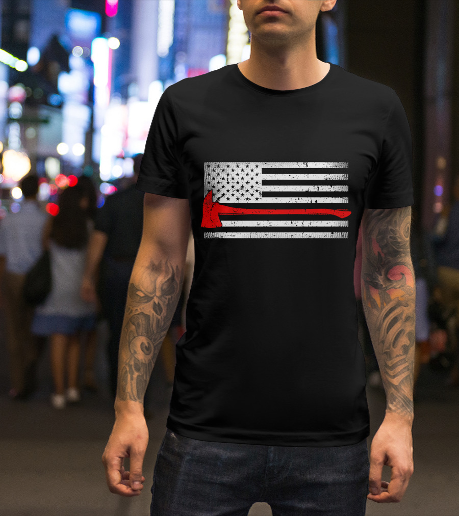 American Flag Red Firefighter Axe T-Shirt