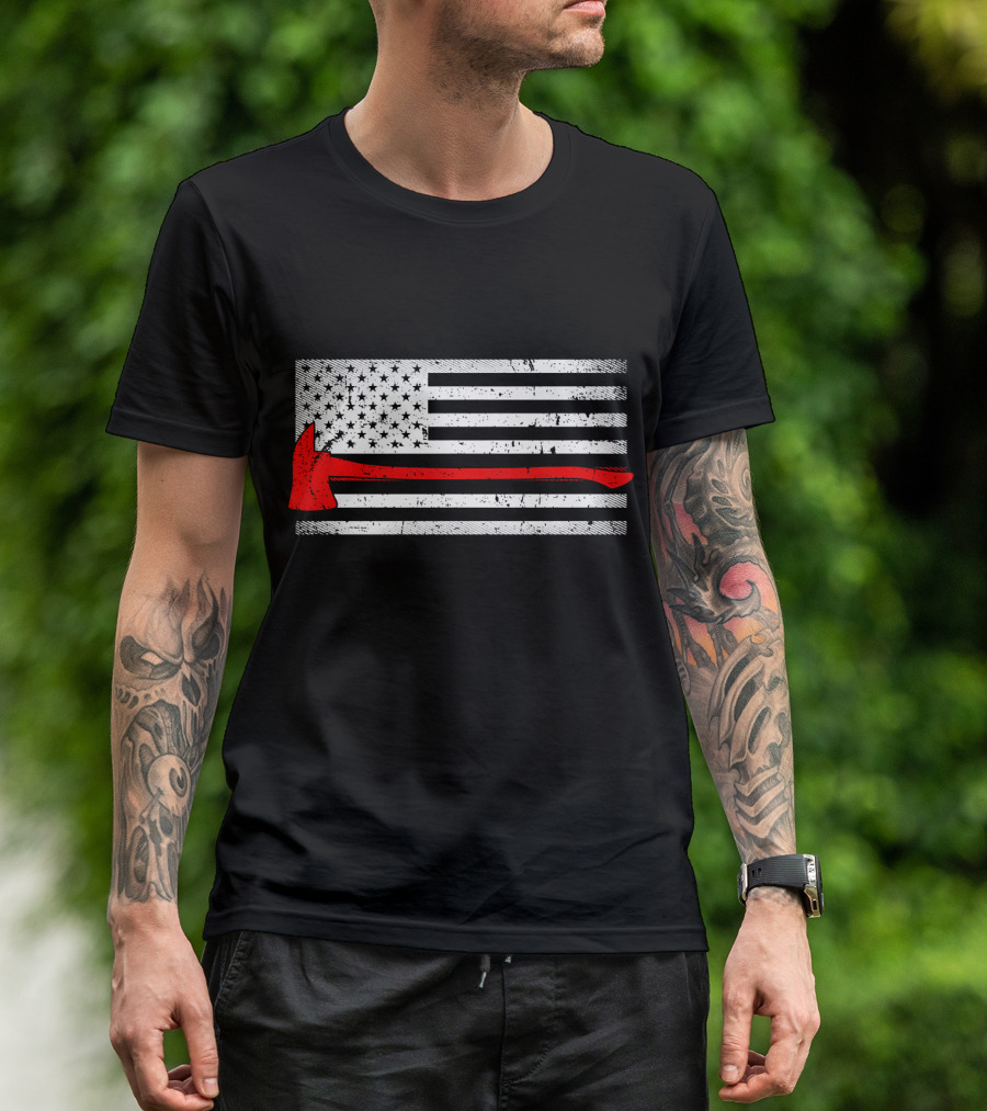 American Flag Red Firefighter Axe T-Shirt