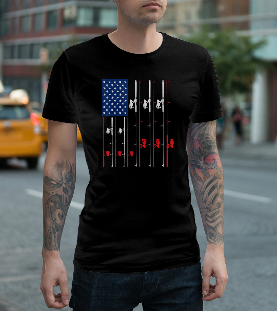 US Flag Fishing Rods Cute Fish T-Shirt