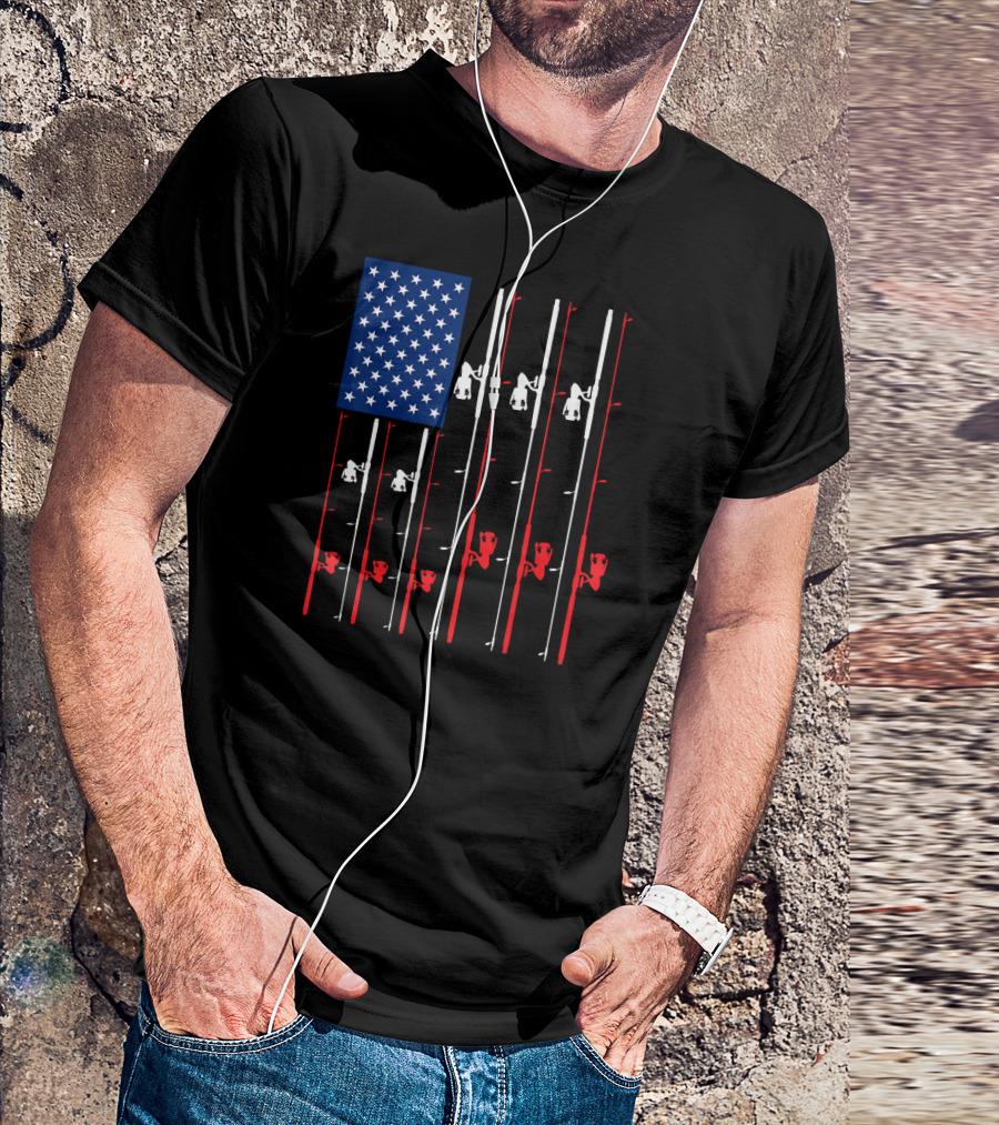 US Flag Fishing Rods Cute Fish T-Shirt
