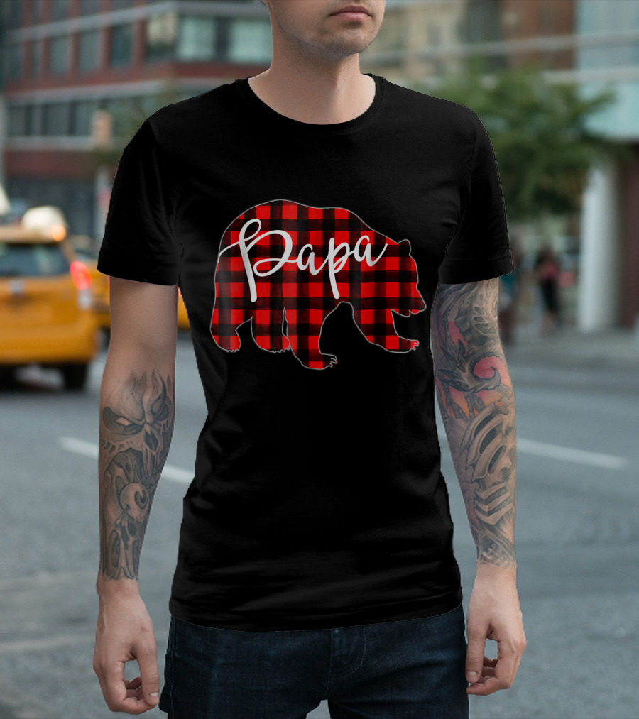 Mens Red Plaid Papa Bear Matching Pajamas Family Buffalo Check Pajama Set T-Shirt