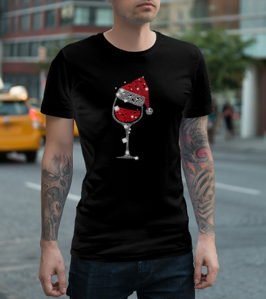 Santa Hat Red Wine Glass Christmas Sparkle T-Shirt