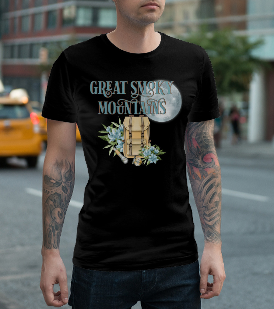 Great Smoky Mountains Backpack with Flowers and Full Moon T-Shirt