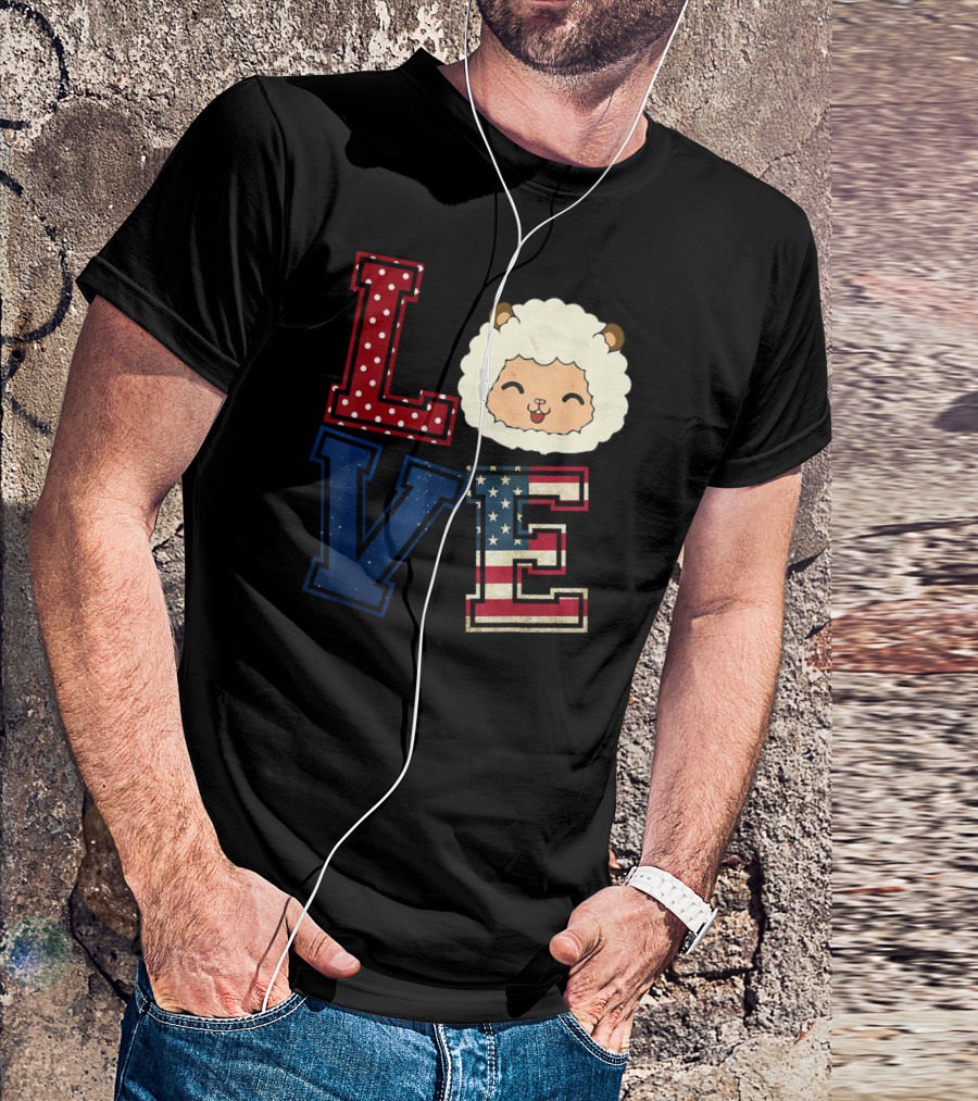 LOVE Sheep Face American Flag Red White Blue Stars Stripes T-Shirt