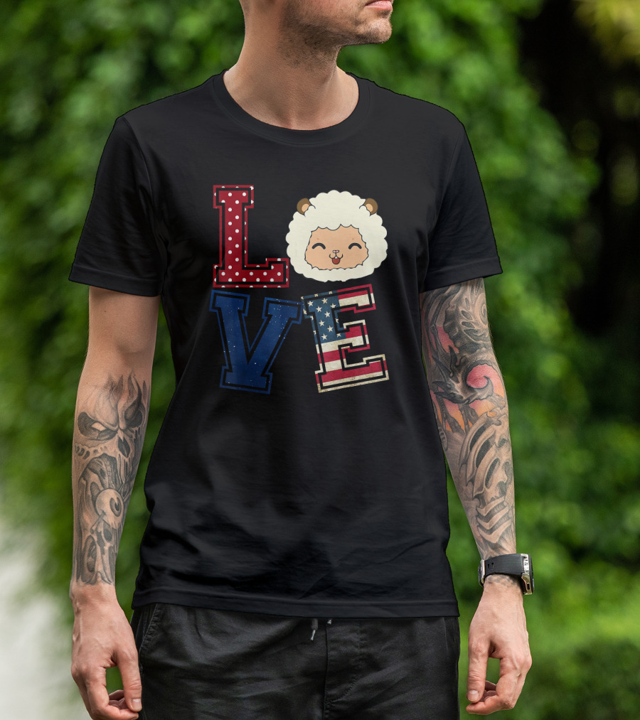 LOVE Sheep Face American Flag Red White Blue Stars Stripes T-Shirt