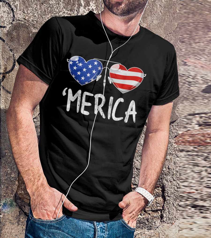 'Merica Heart Sunglasses USA Flag 4th Of July Women Kids Boy T-Shirt