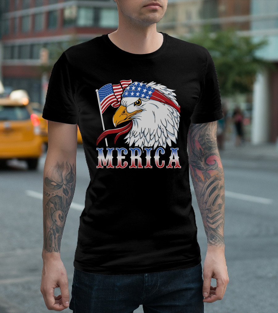 Merica Patriotic Bald Eagle With American Flag Bandana 4th Of July T-Shirt