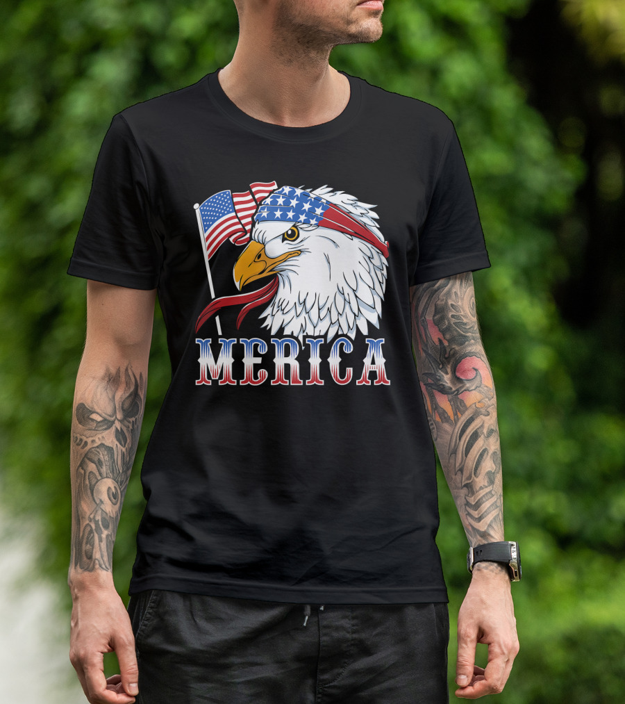 Merica Patriotic Bald Eagle With American Flag Bandana 4th Of July T-Shirt