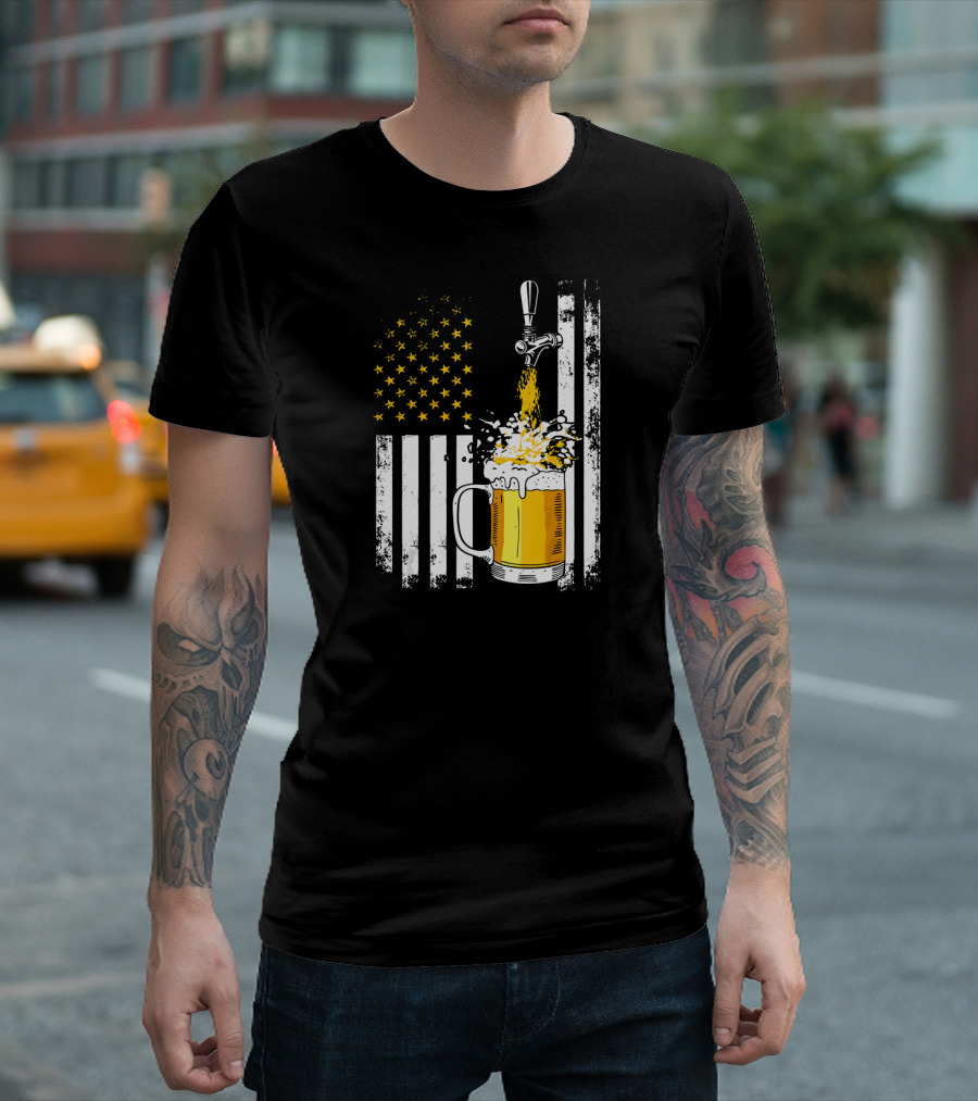 American Flag Beer Tap Pouring Craft Pint Retro T-Shirt