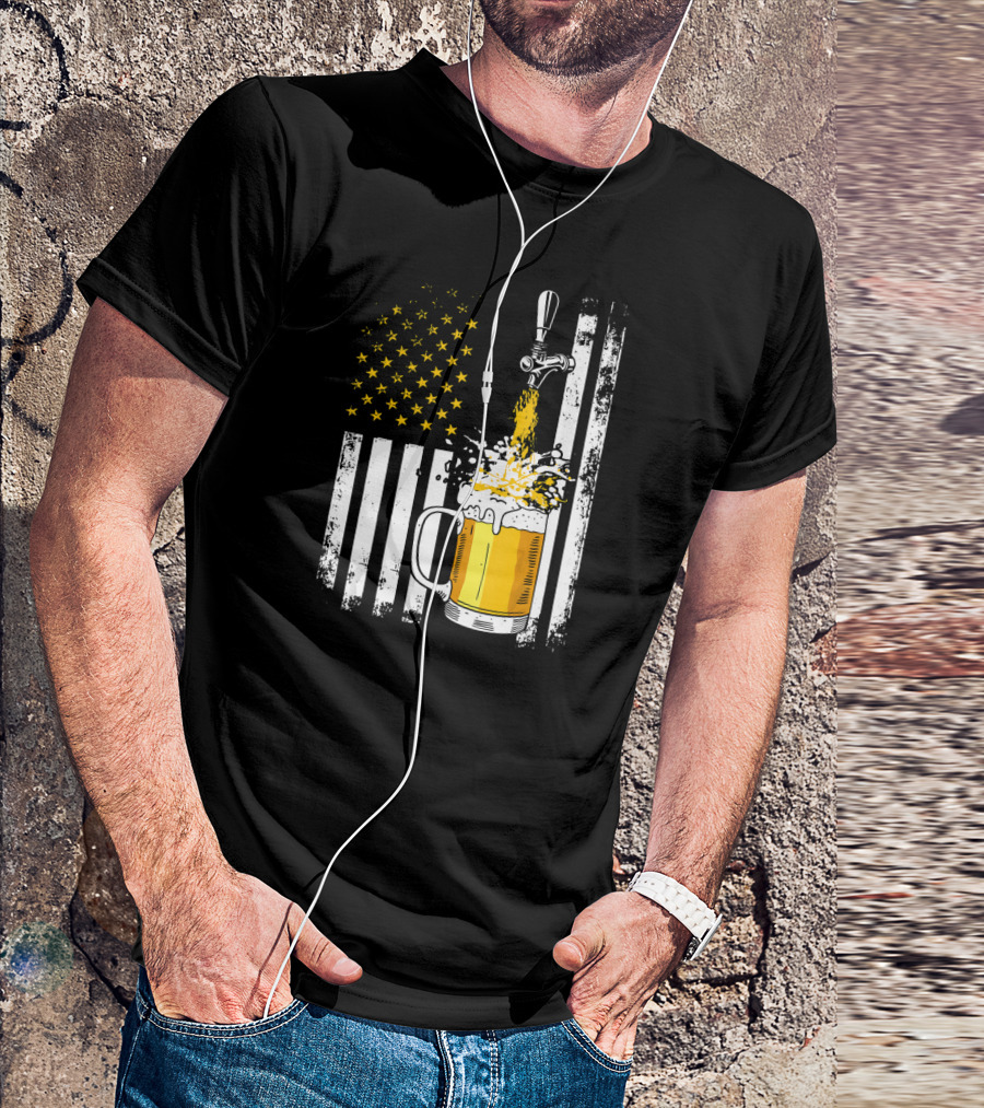 American Flag Beer Tap Pouring Craft Pint Retro T-Shirt