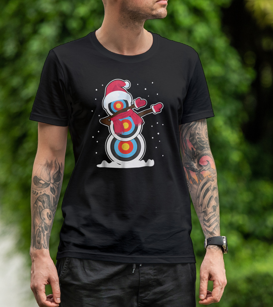Snowman Archery Target Dabbing Santa Hat And Scarf T-Shirt