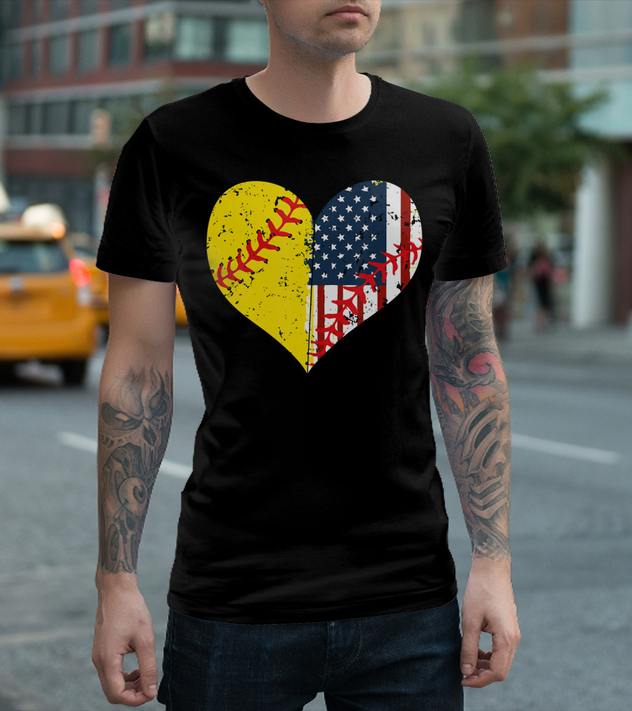 Softball Heart American Flag USA Patriotic 4th Of July T-Shirt