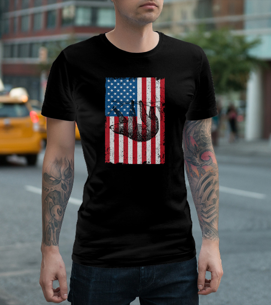 4th July Sloth Hanging on USA Flag Independence Day T-Shirt