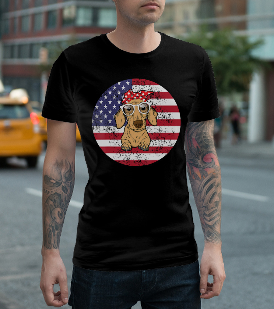 4th of July American Flag Dachshund with Bandana and Glasses T-Shirt