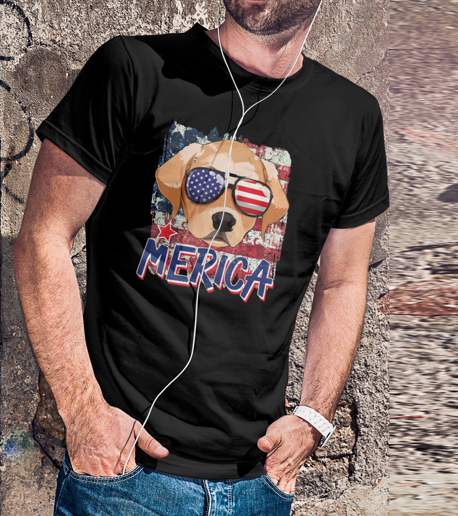 Merica Labrador Retriever With American Flag Sunglasses T-Shirt