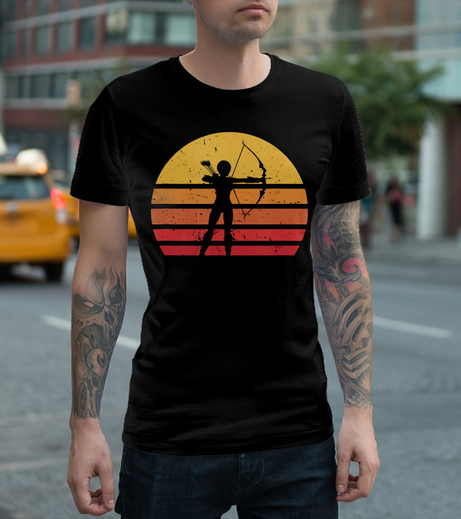 Vintage Sunset Silhouette Women Archer Hunting Archery T-Shirt