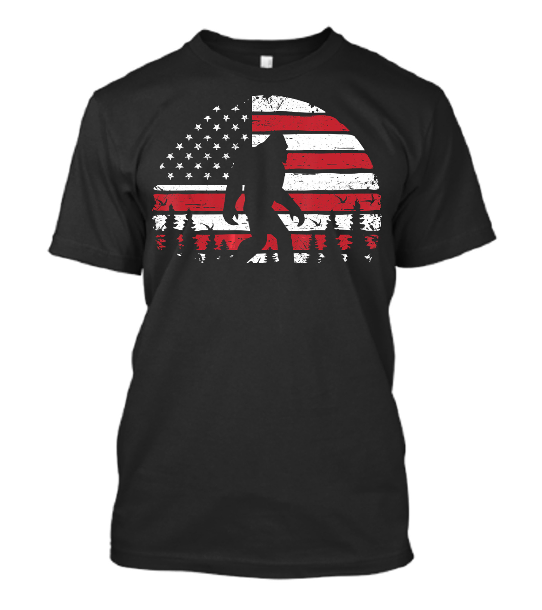 Bigfoot Silhouette With American USA Flag And Trees For 4th Of July T-Shirt