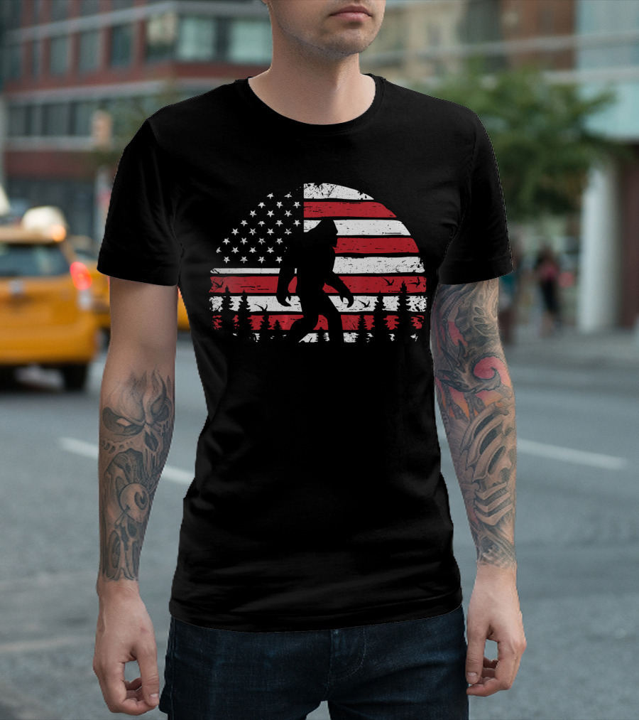 Bigfoot Silhouette With American USA Flag And Trees For 4th Of July T-Shirt