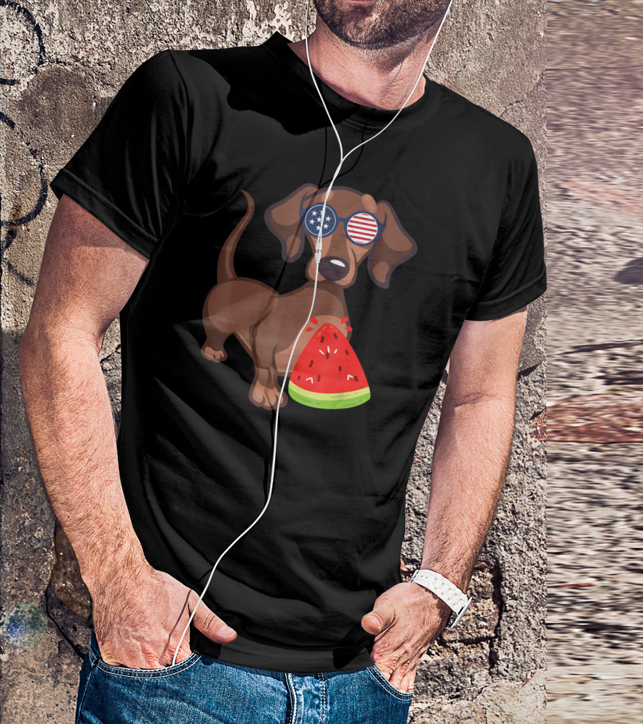 Dachshund Sunglasses USA Flag Watermelon 4th Of July Novelty T-Shirt