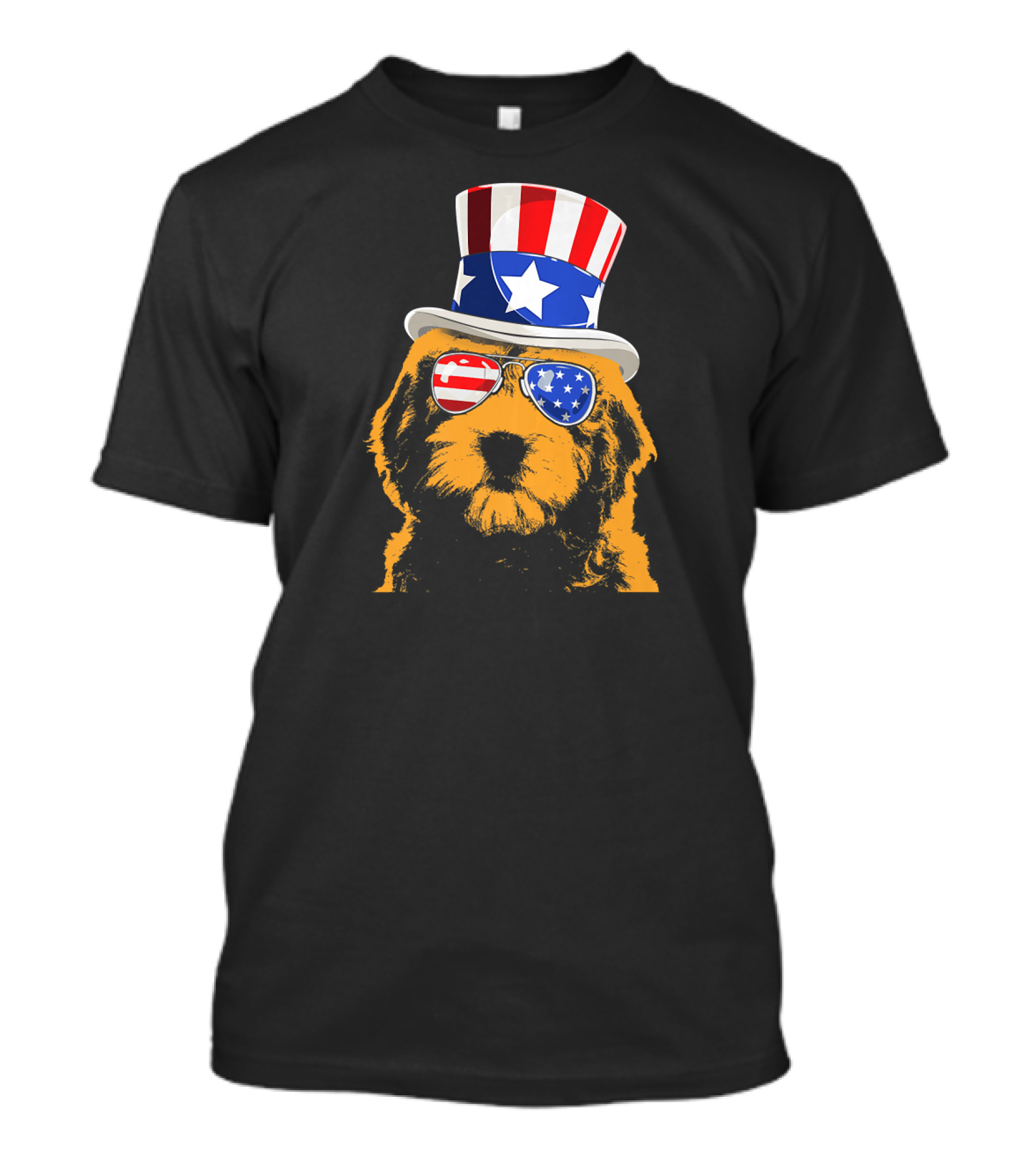 Goldendoodle Patriotic Uncle Sam Hat And American Flag Sunglasses T-Shirt