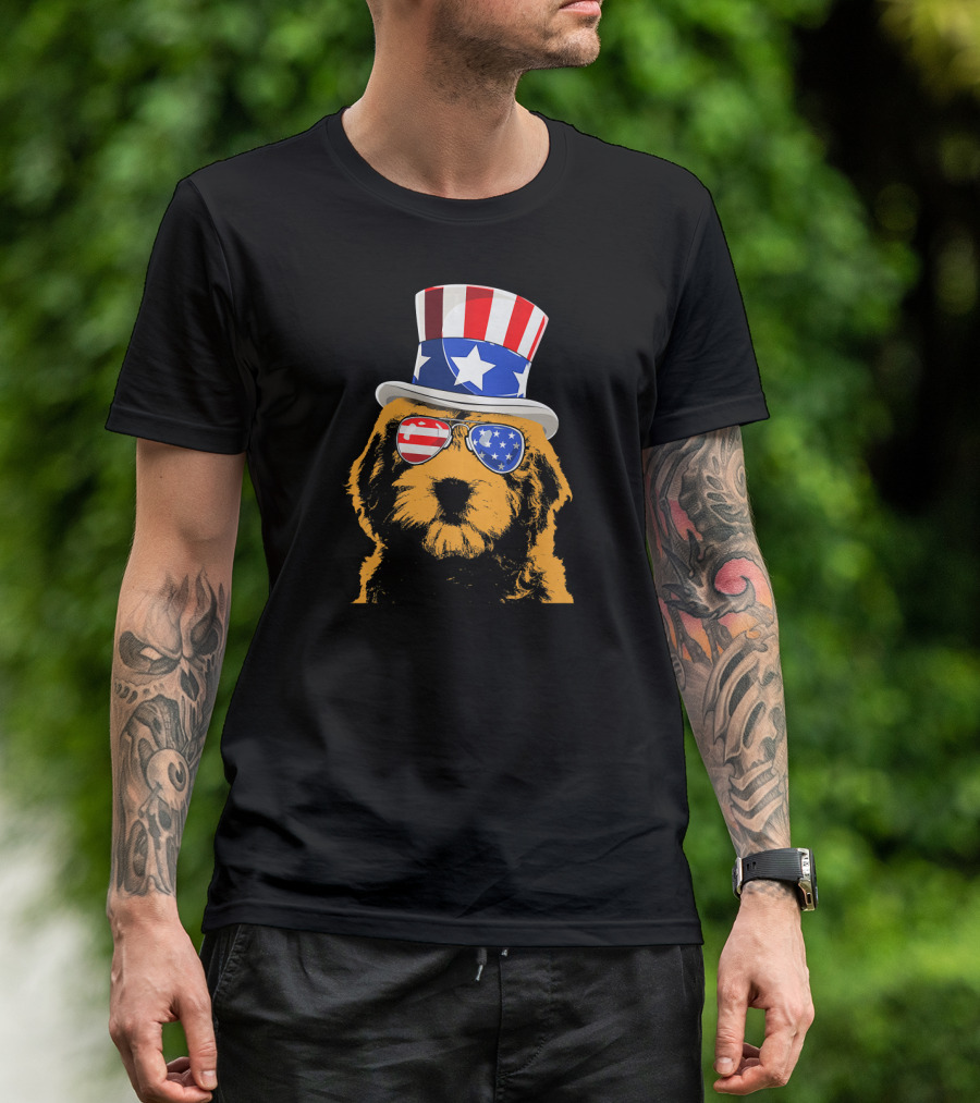 Goldendoodle Patriotic Uncle Sam Hat And American Flag Sunglasses T-Shirt