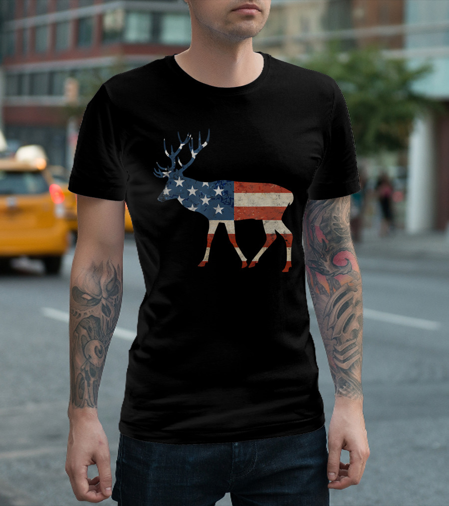 American Flag Elk 4th of July Patriotic T-Shirt