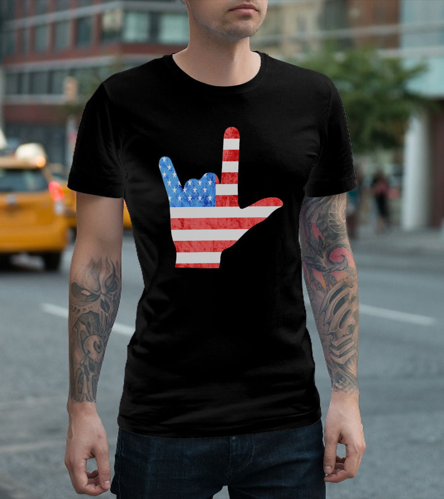 American Sign Language I Love You 4th of July USA Flag Deaf T-Shirt