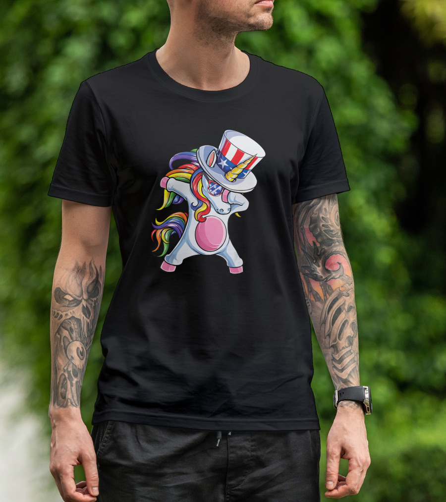 Dabbing Unicorn Wearing Uncle Sam American Flag Hat For 4th Of July T-Shirt