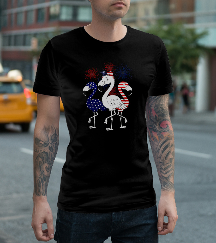 Flamingo 4th Of July American Flag Red White Blue Fireworks T-Shirt