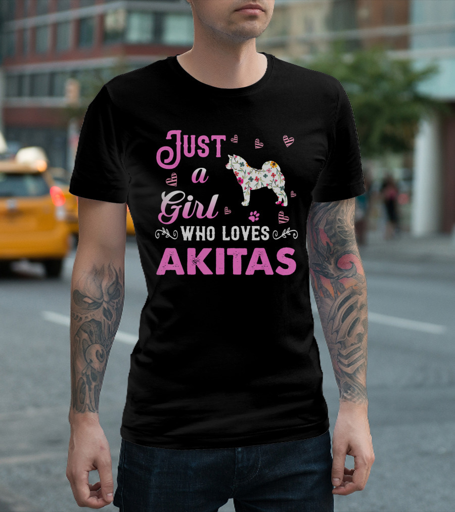 Just A Girl Who Loves Akitas Floral Pattern And Heart Details T-Shirt