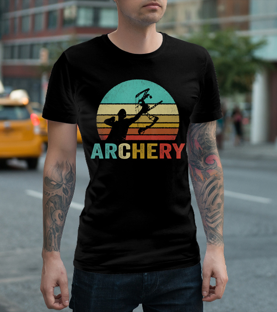 Vintage Archery Sunset Silhouette Bow And Arrow Retro Stripes T-Shirt