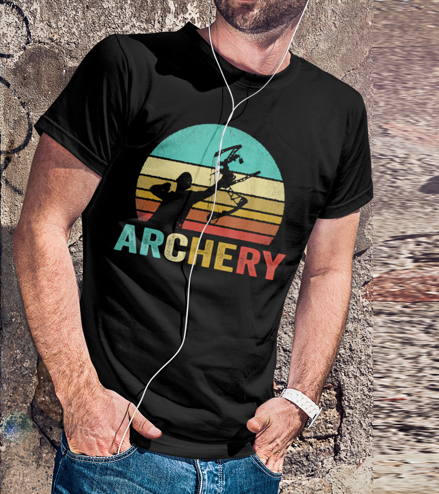 Vintage Archery Sunset Silhouette Bow And Arrow Retro Stripes T-Shirt