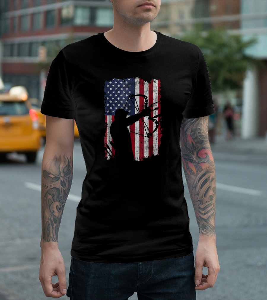 Distressed American Flag Compound Bow Archer T-Shirt