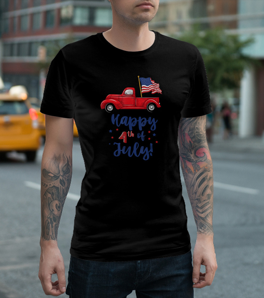 Happy 4th of July Red Truck with American Flag T-Shirt