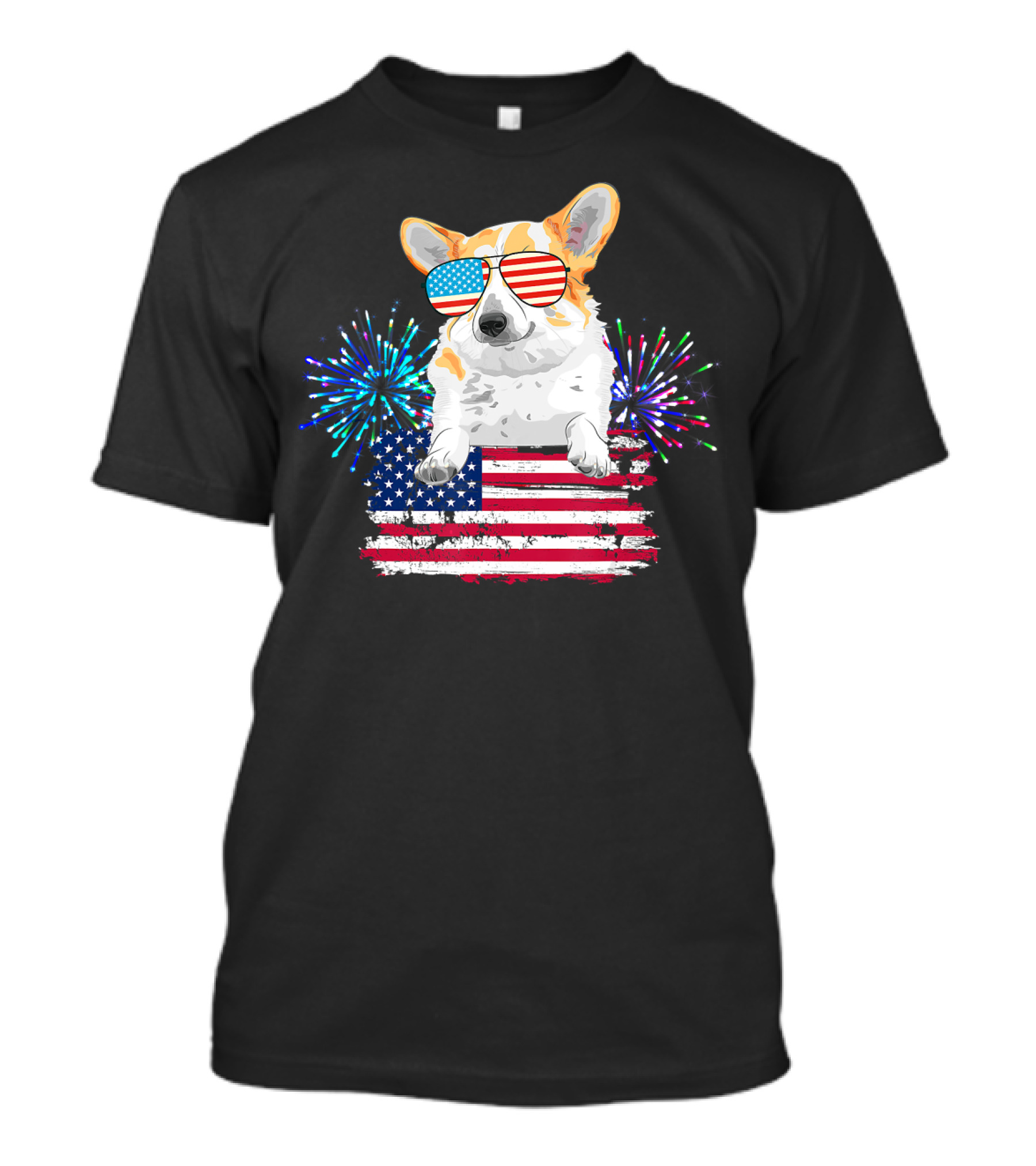 Corgi Women American Flag Patriotic Fireworks Sunglasses T-Shirt