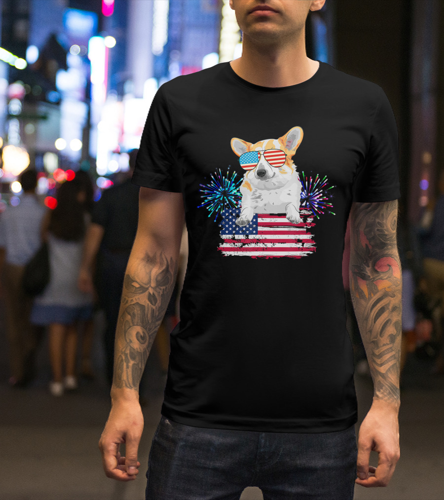 Corgi Women American Flag Patriotic Fireworks Sunglasses T-Shirt