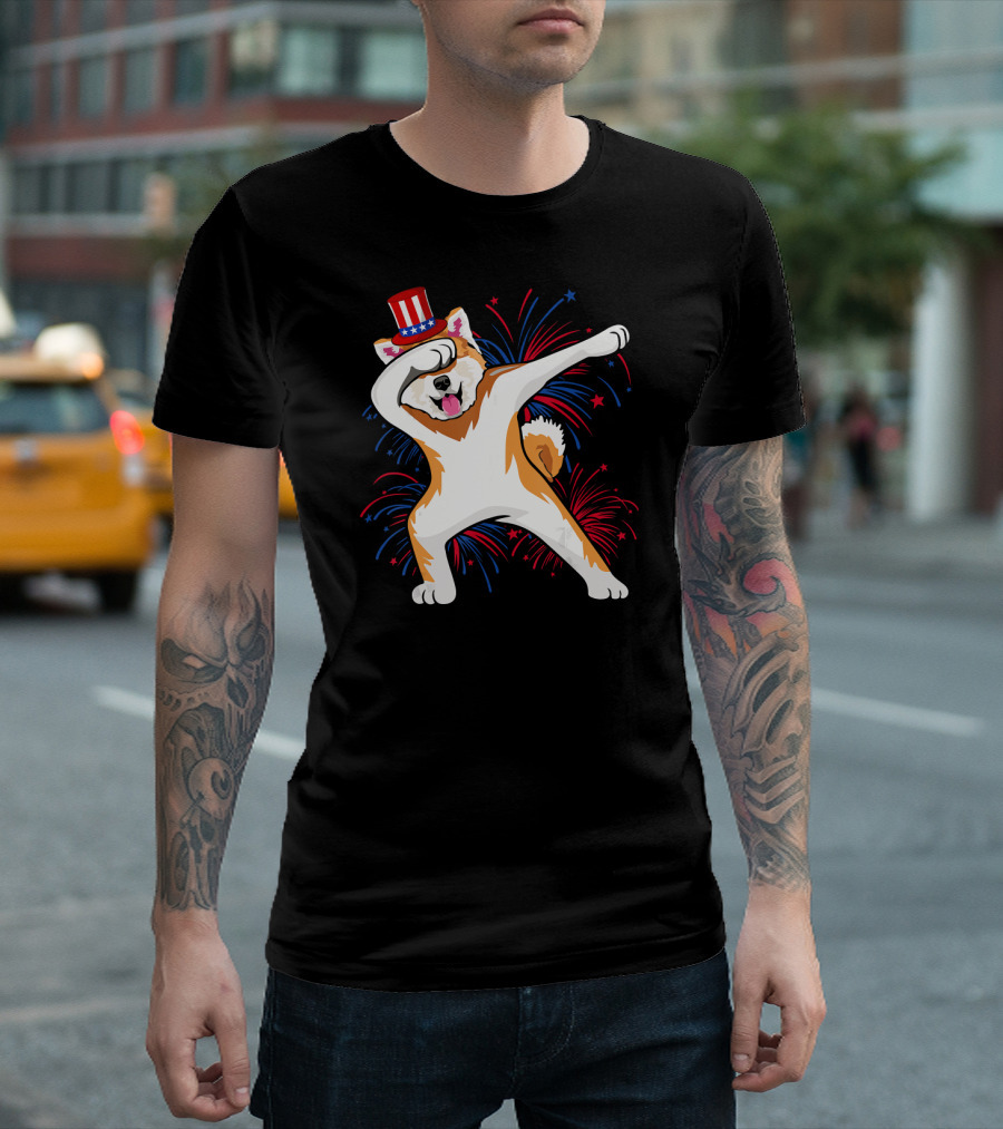 Dabbing Akita with American Flag Hat and Fireworks for 4th of July T-Shirt