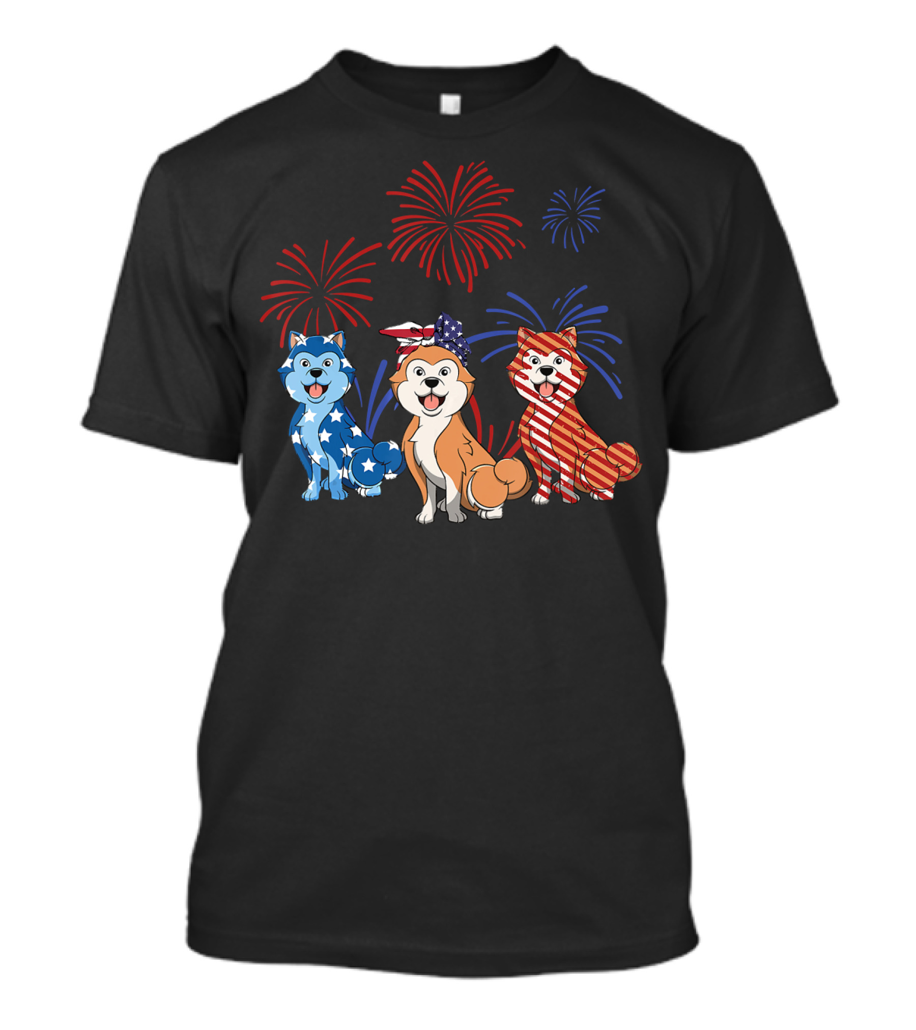Red White Blue Akita Inu USA Flag Firework T-Shirt