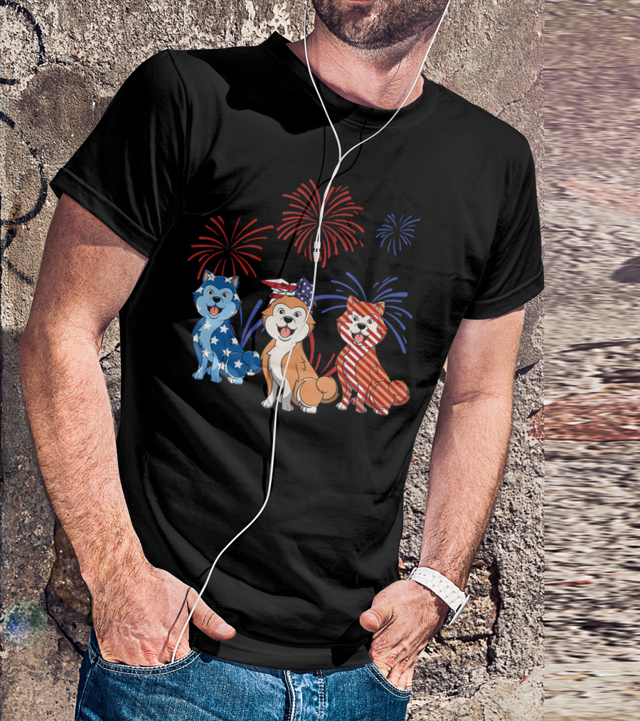 Red White Blue Akita Inu USA Flag Firework T-Shirt
