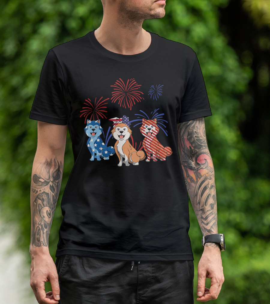 Red White Blue Akita Inu USA Flag Firework T-Shirt