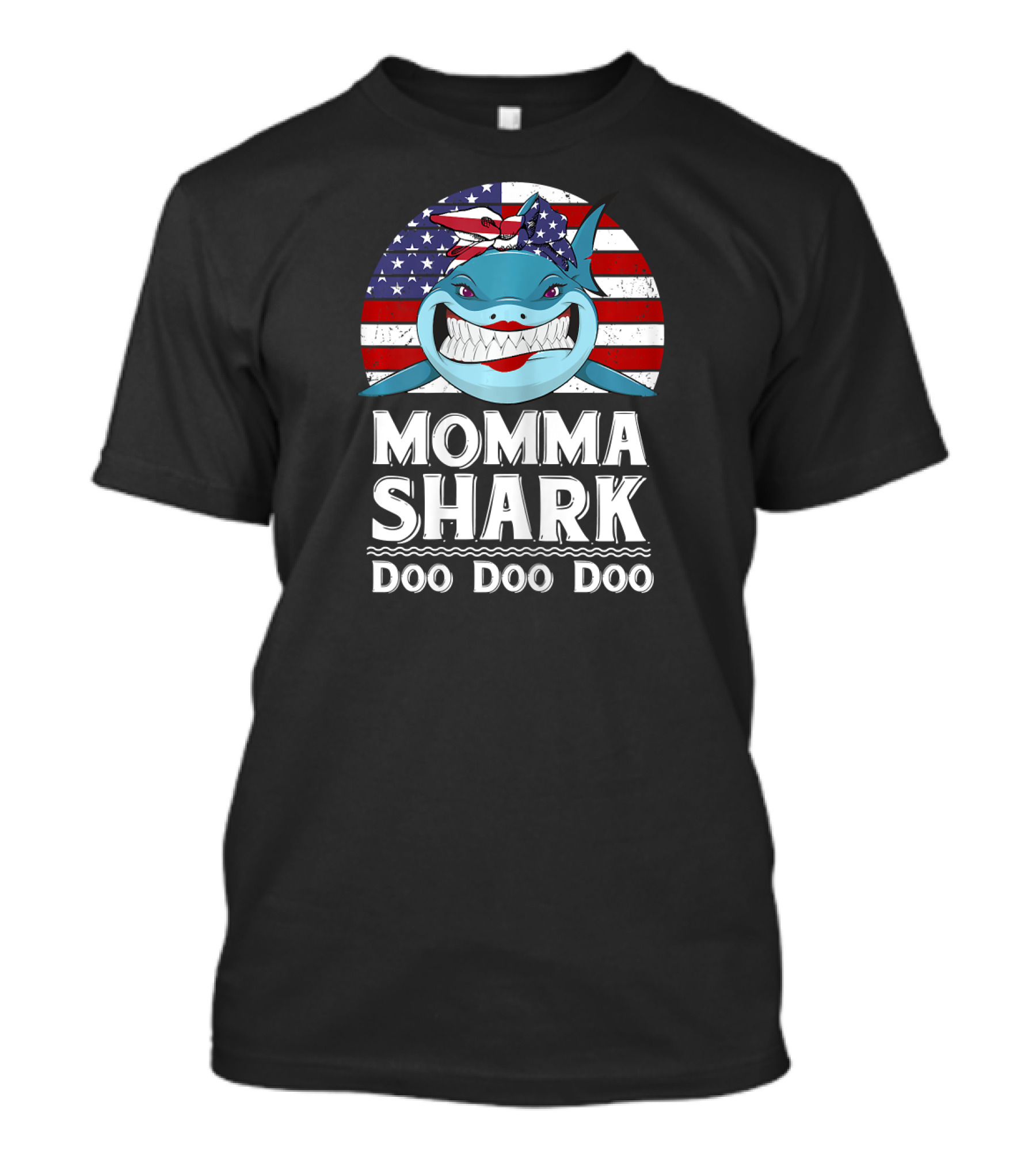 Momma Shark Doo Doo Doo American Flag 4th Of July T-Shirt