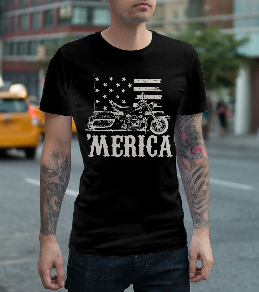 'Merica V Twin Motorcycle Biker USA Flag 4th of July T-Shirt